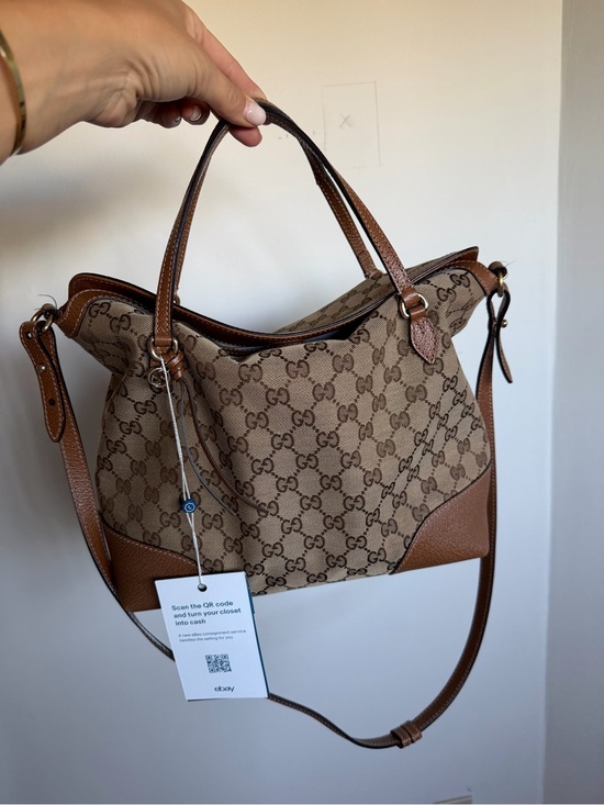 Gucci Handbags - Authentic Gucci Beige Brown GG Canvas Shoulder Bag with Tan Leather Trim